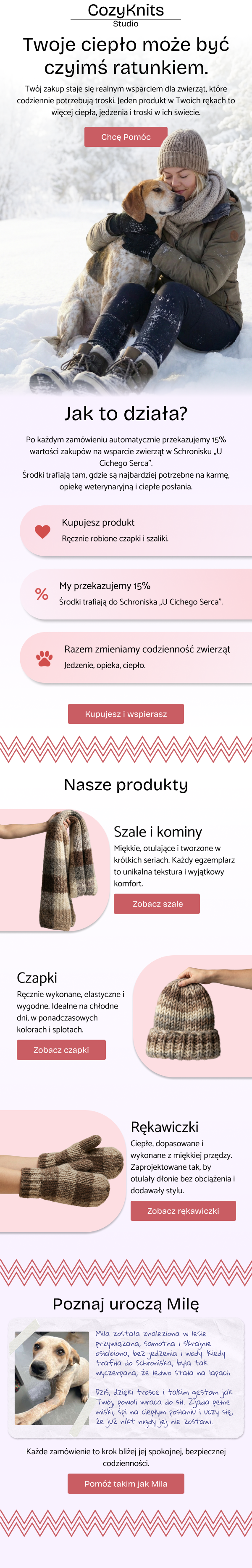 Cozyknits — angażujący mail zimowy z historią marki