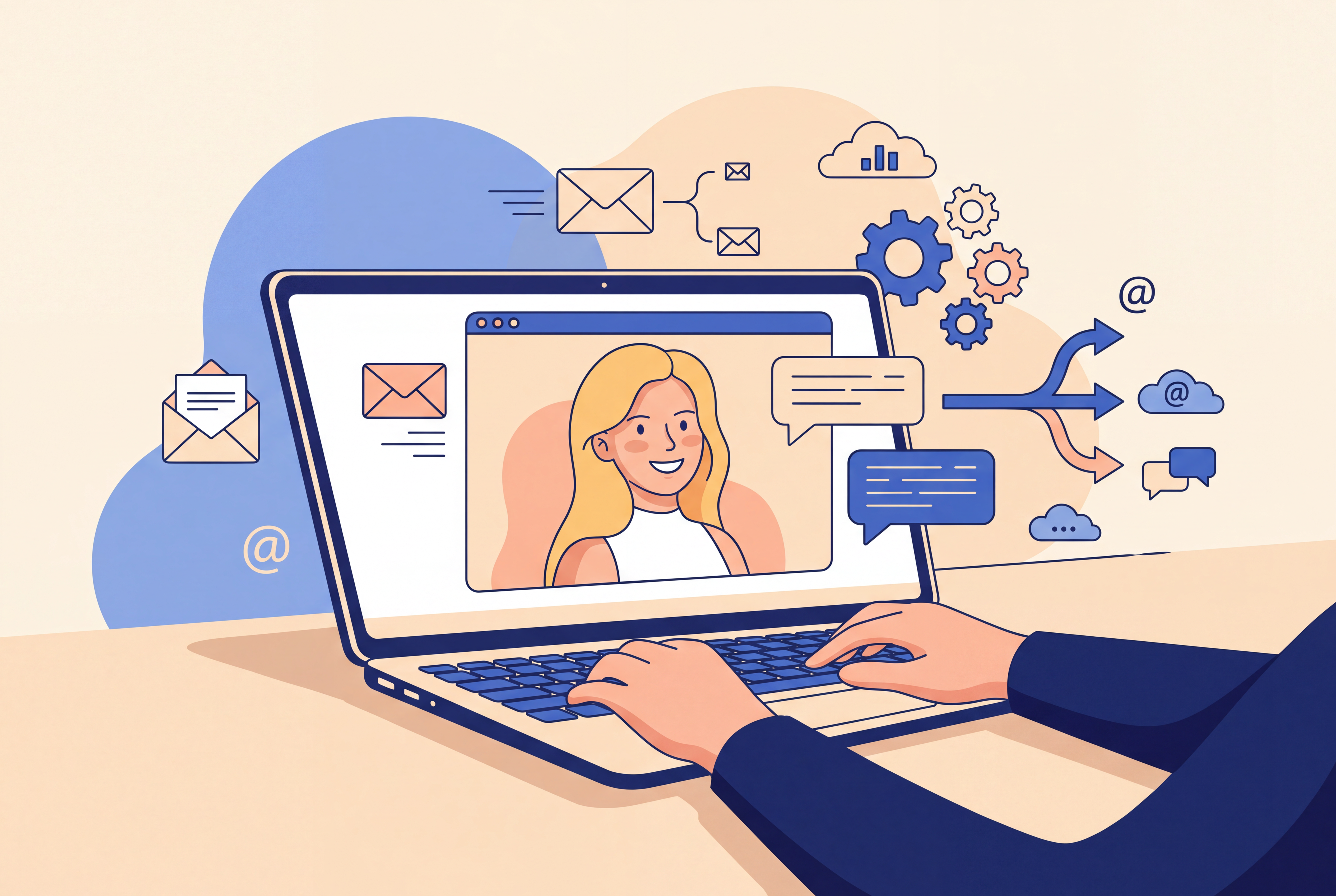 Ilustracja rozmowy przez laptop i komunikacji e-mailowej